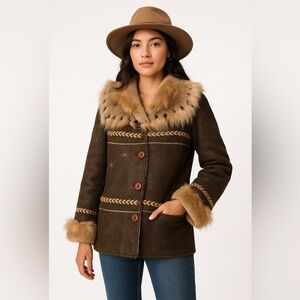 Fur Lined genuine leather Penny Lane jacket small Boho 70s Hippie embroidered